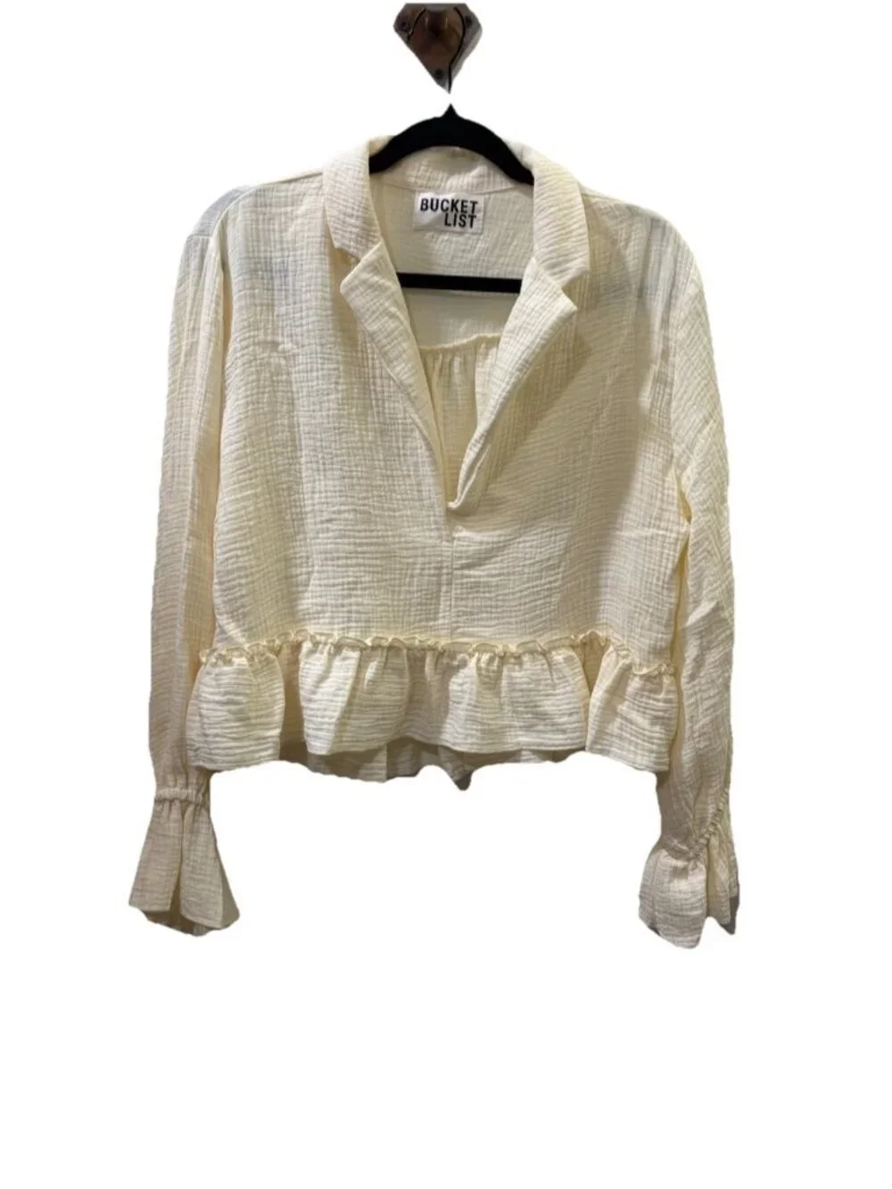 Bucket List Peplum Ruffled Crop Top Oversized Lantern Sleeves Boho Gauze Size L